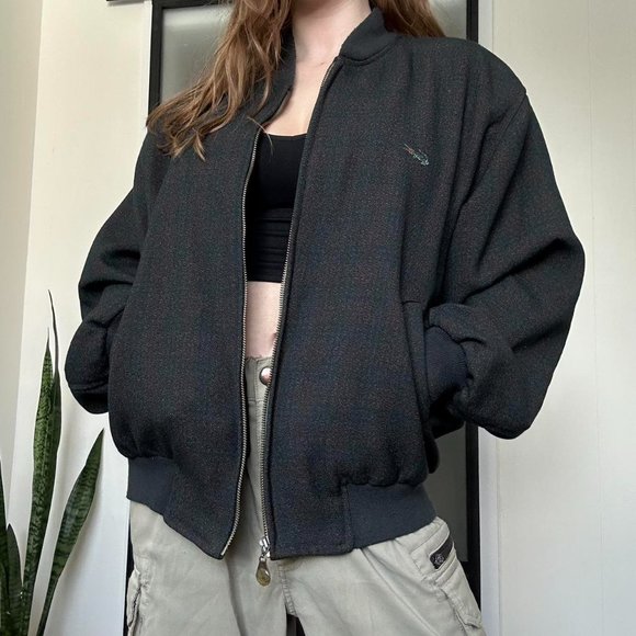 Vintage 1990s Lacoste Crocodile Wool Plaid Harrington Bomber Jacket - Picture 2 of 4